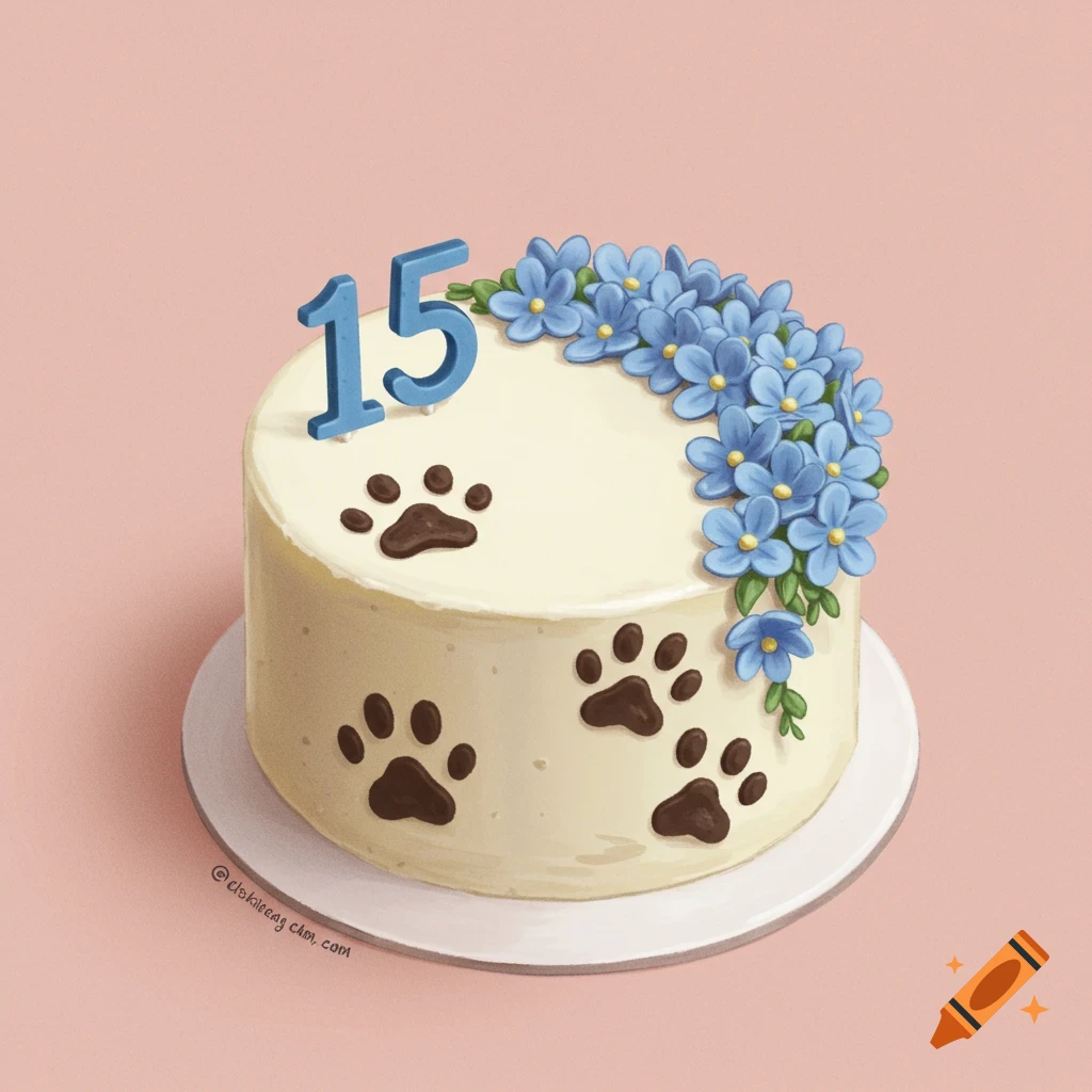 Circle cake with blue flowers, number 15, and paw prints decoration mock-up design idea for party cake decorations DIY bake off ideas inspiration trends birthday cake decoration ideas bakeries baking food cakes fondant frosting buttercream icing fillings toppings cakes occasion seasonal flavors techniques recipes decorating tips presentation serving storage cake decorating for beginners intermediate advanced cake art edible art cake design