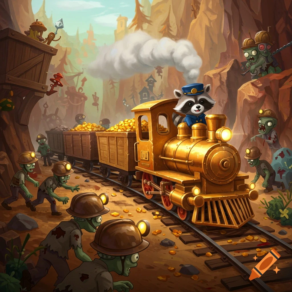Cartoon raccoon conductor on a golden train surrounded by mining zombies in a desert landscape.