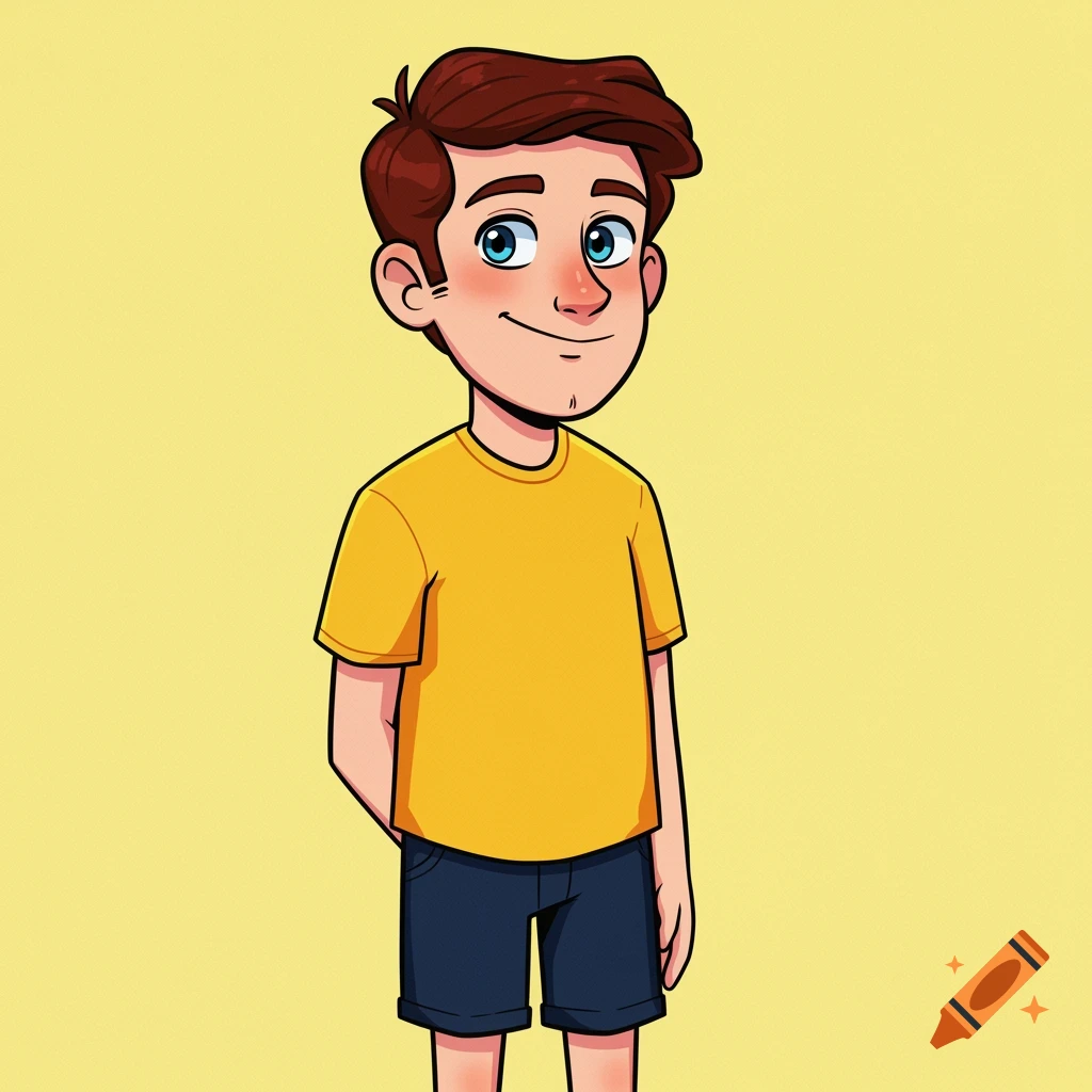 Cartoon drawing of a young boy with brown hair and blue eyes wearing a yellow shirt and blue shorts.