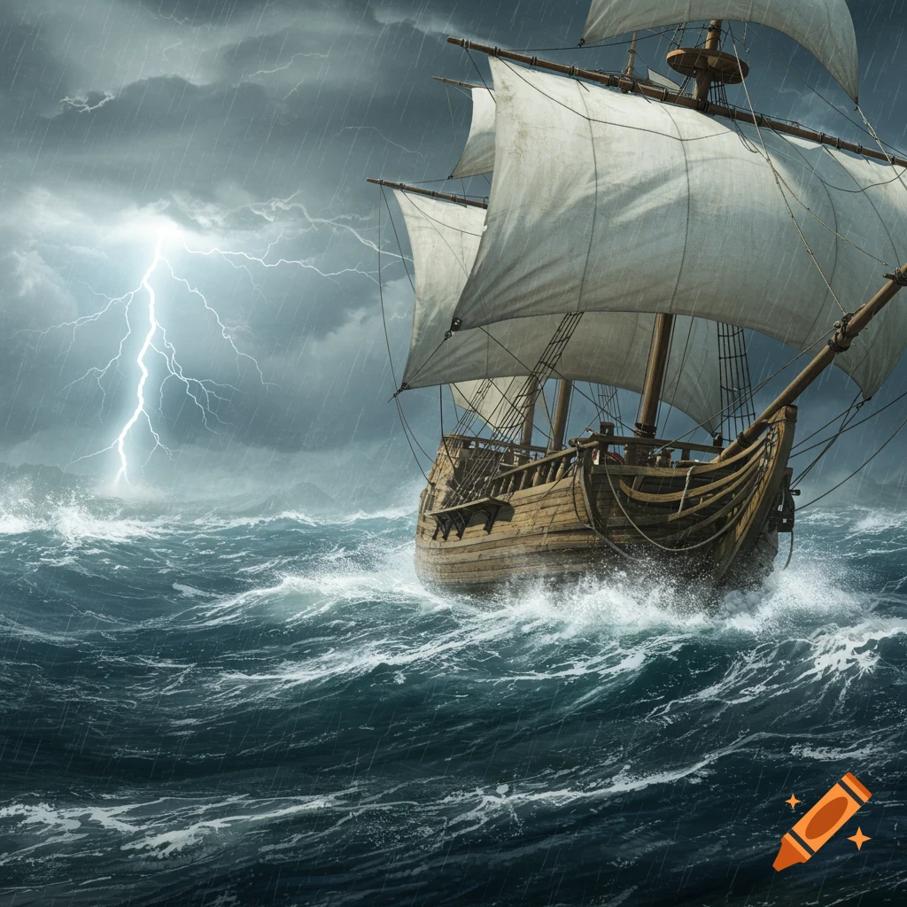 A wooden caravel ship sails through rough waves during a storm with lightning.