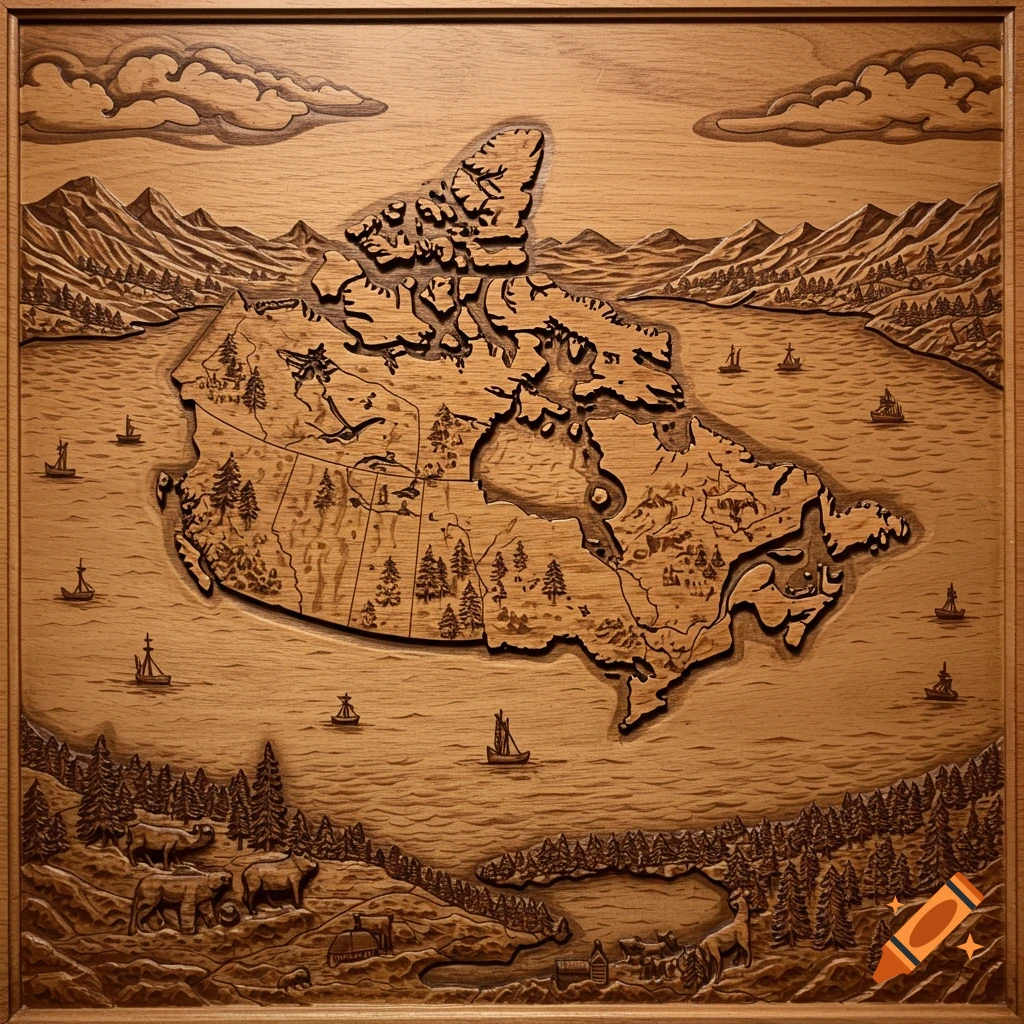 Detailed wood carving of a map of Canada with geographic features, animals, and ships.