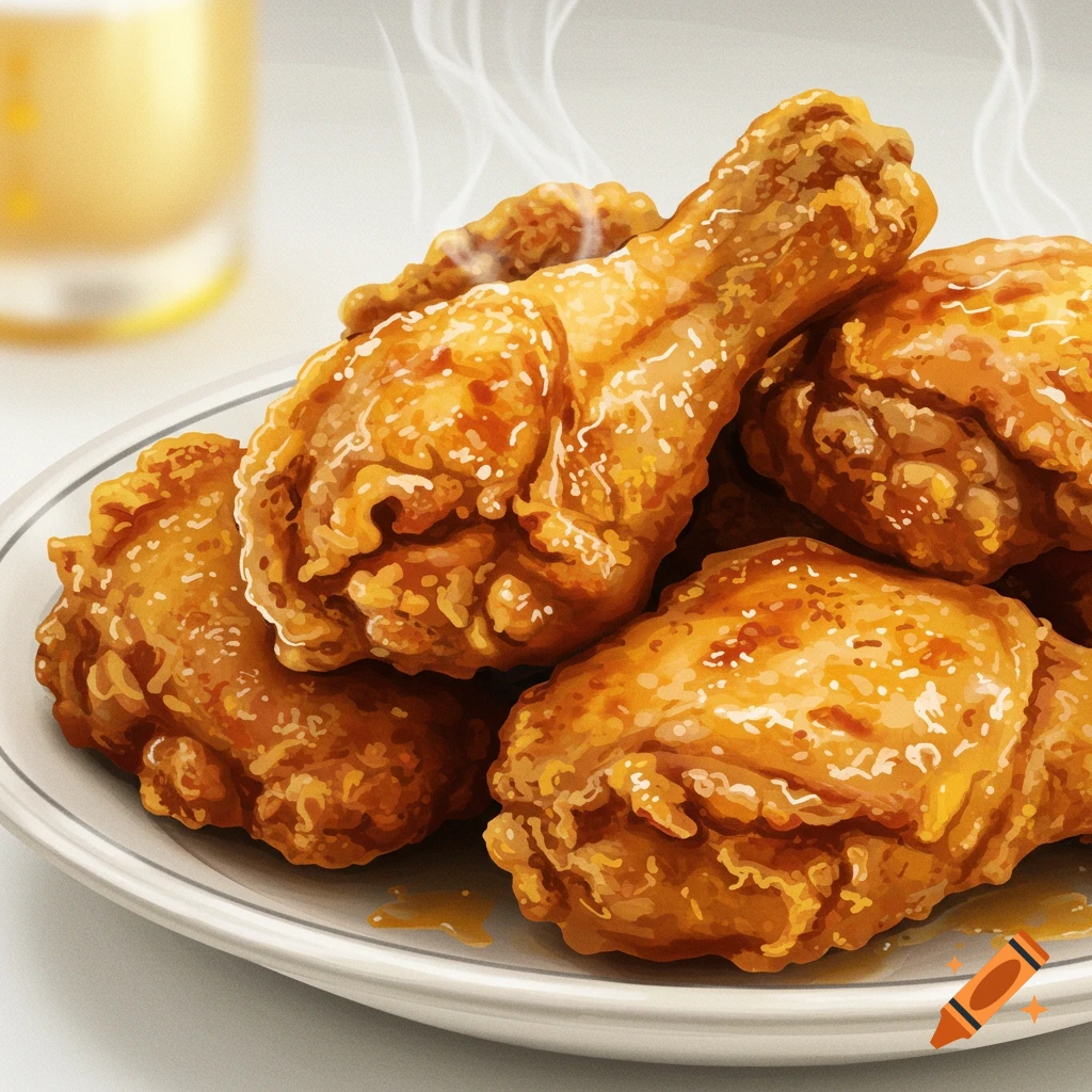Plate of golden-brown fried chicken pieces with steam rising, close-up.
