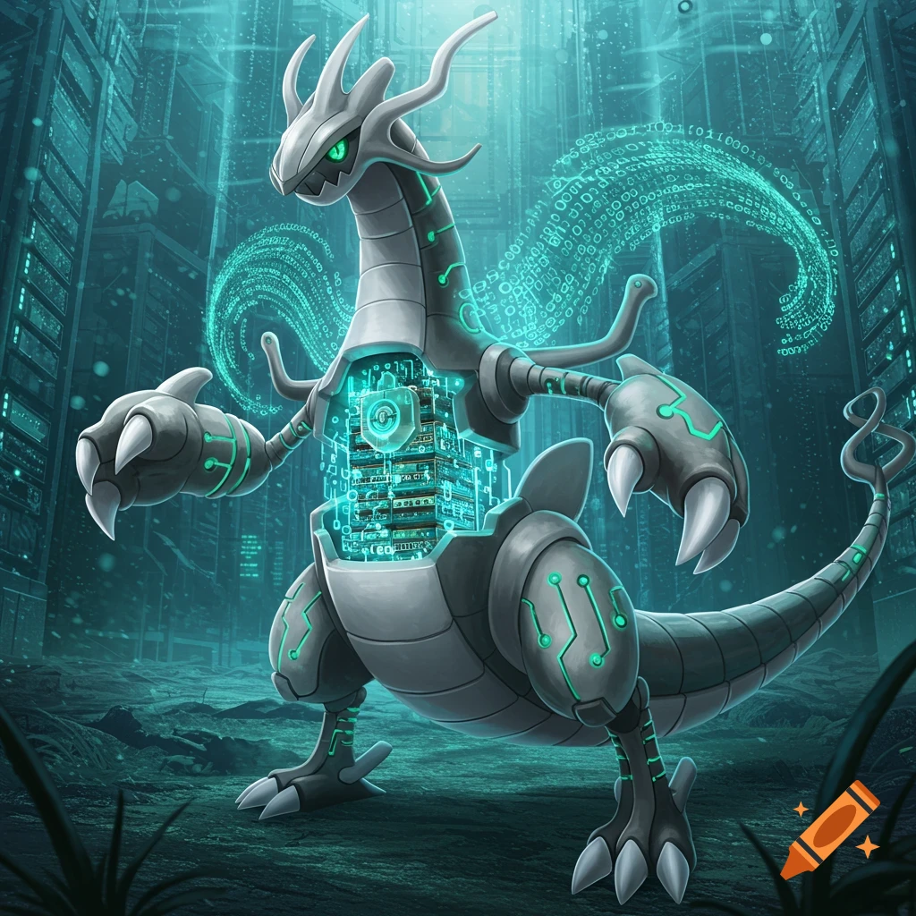A robotic dragon creature made of data stands in a futuristic city with swirling green data streams.