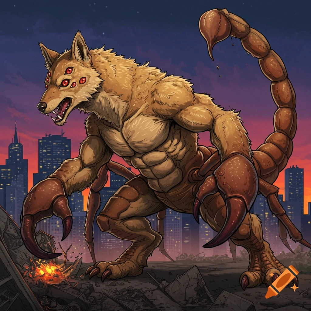 A monstrous coyote-scorpion hybrid kaiju stands in a destroyed city at sunset. Digital illustration.