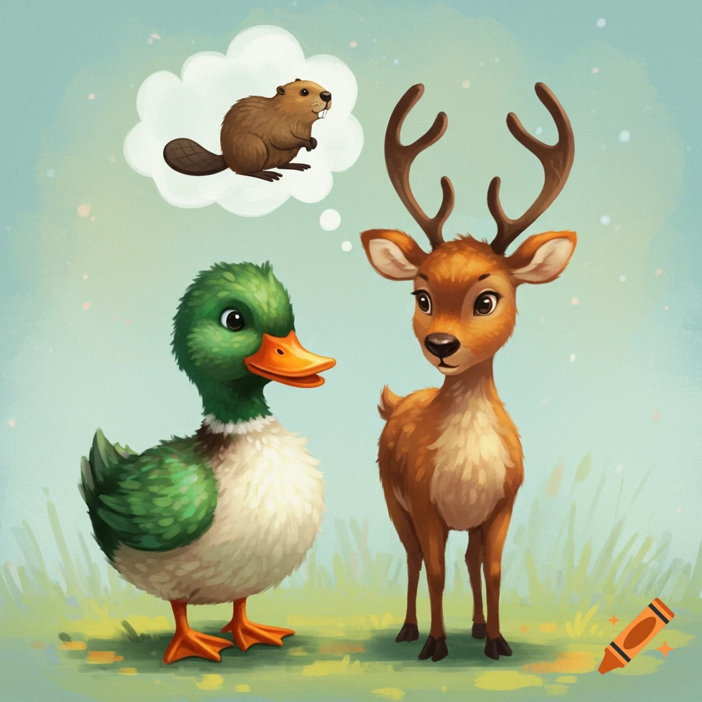 A cartoon duck stands next to a deer, with a beaver in a thought bubble above their heads.