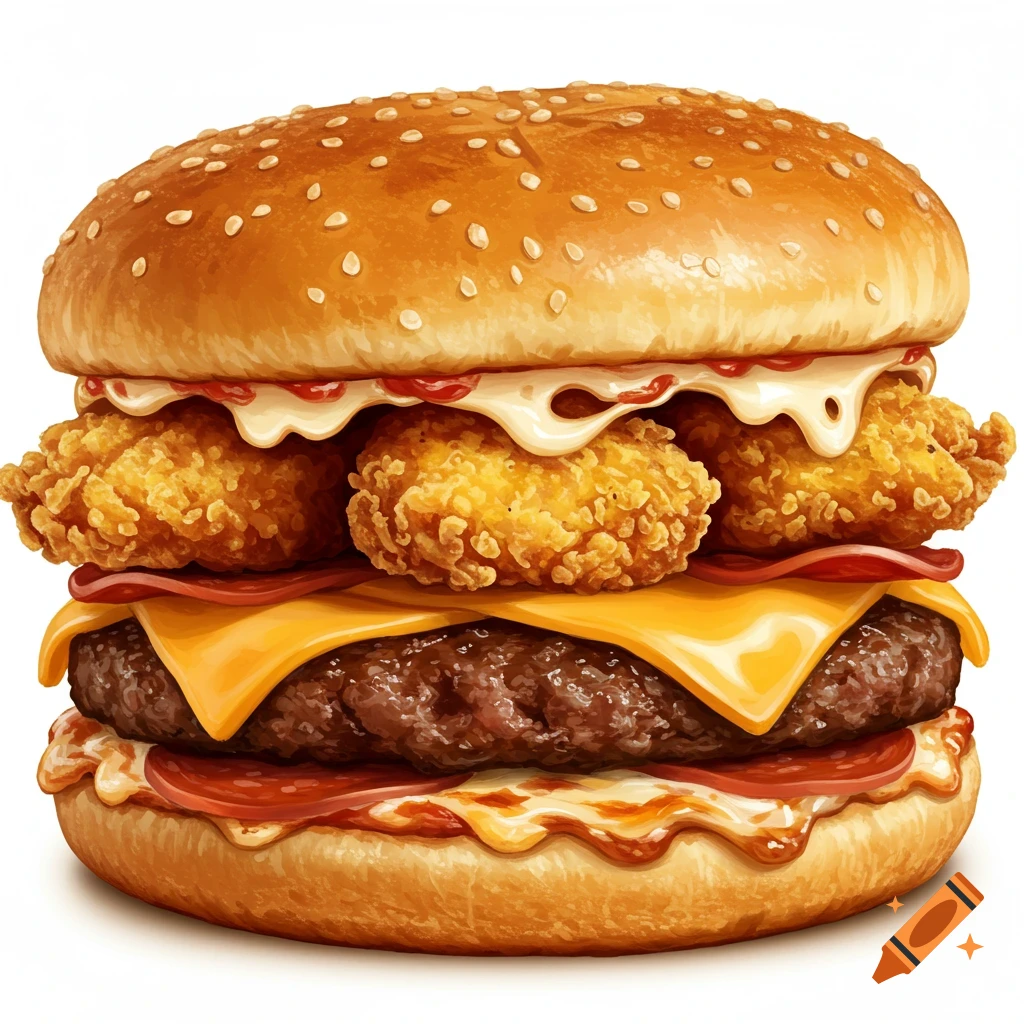 A detailed, realistic hamburger stacked with fried chicken, cheese, sauce, and pepperoni on a sesame seed bun.