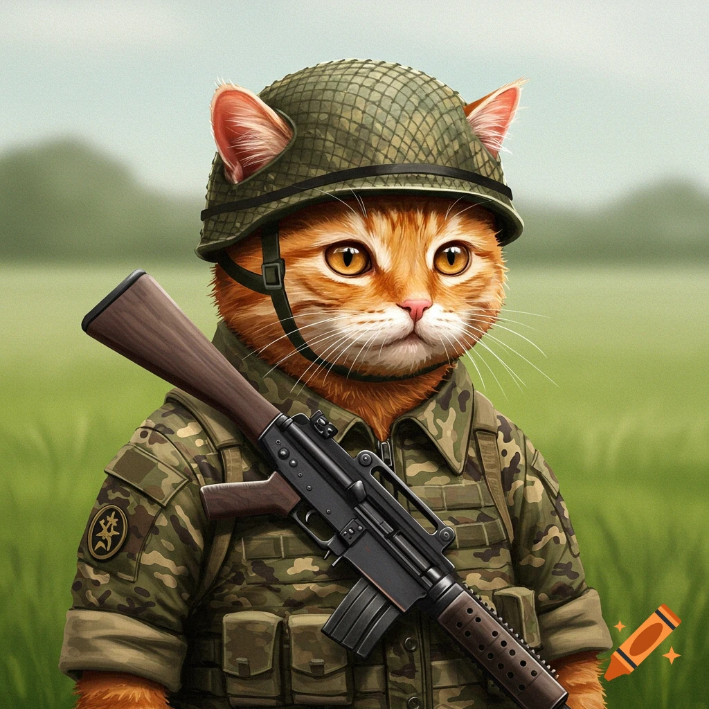 An orange cat wears a camouflage military uniform and helmet, holding a rifle.