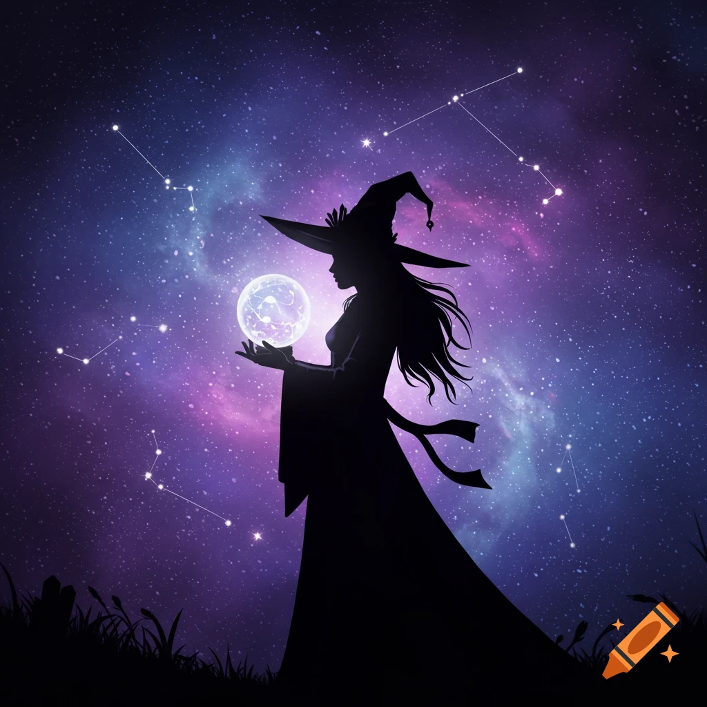 Silhouette illustration of a witch holding a glowing crystal ball against a starry galaxy sky with constellations.