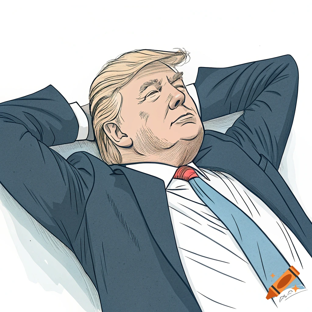 Drawing of Donald Trump lying on his back with hands behind head