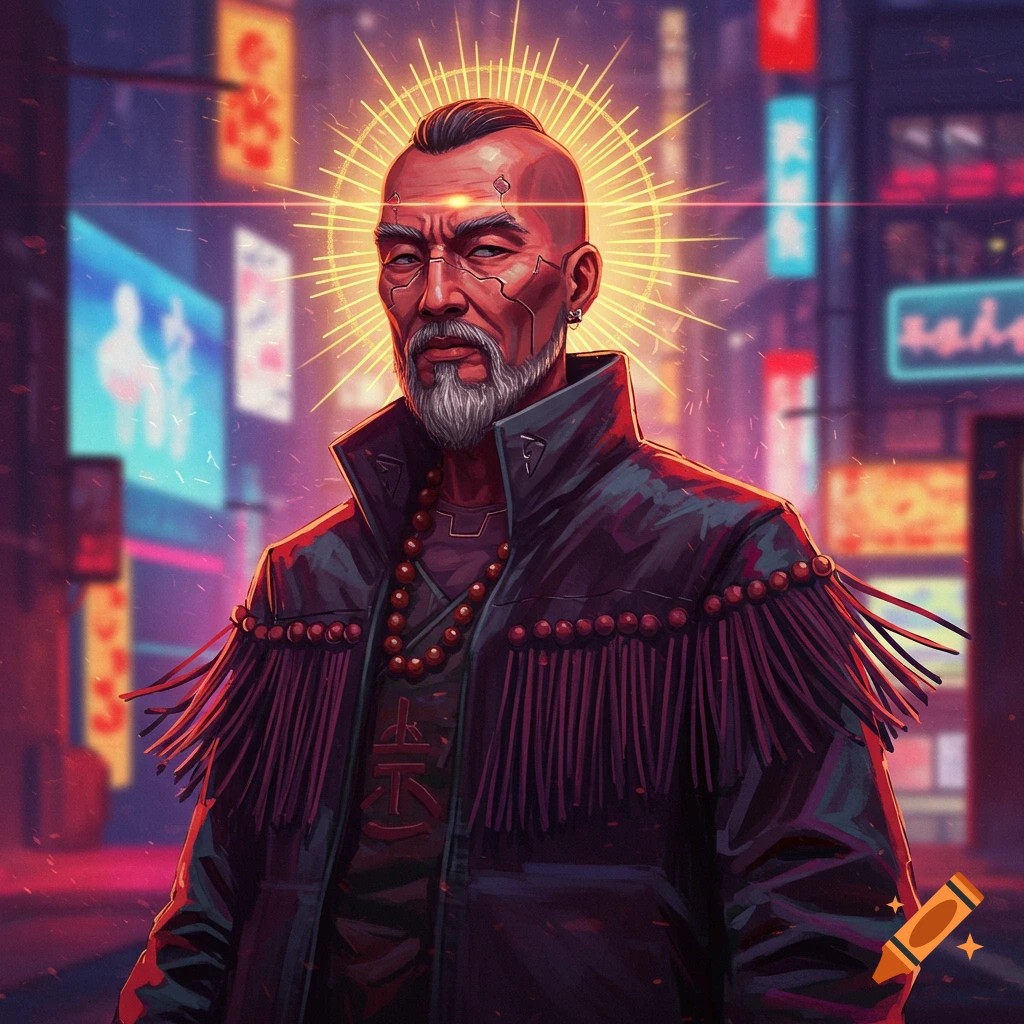 Stylized portrait of a cyberpunk priest with a halo, beard, and fringed jacket standing in a futuristic city.