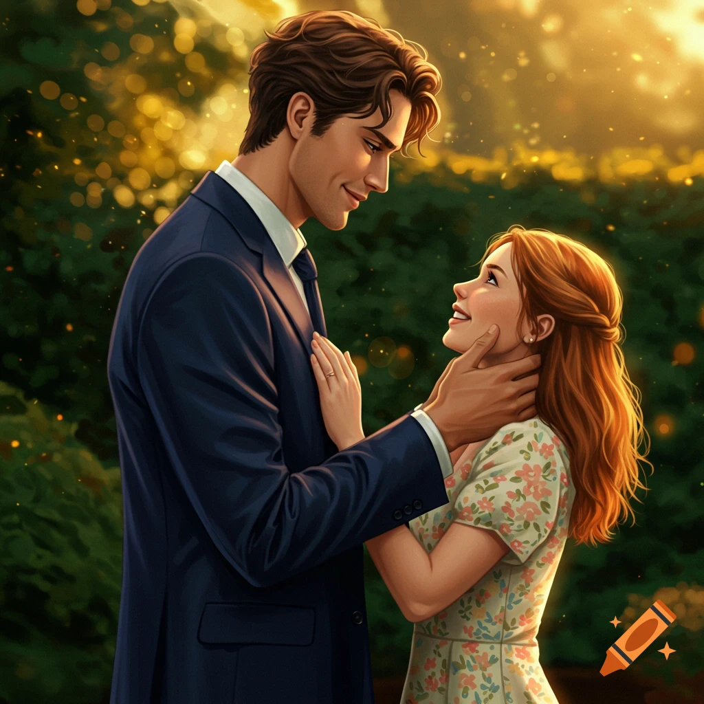 A tall man looks down at a woman in a floral dress, holding her face in a park setting with bokeh lights.