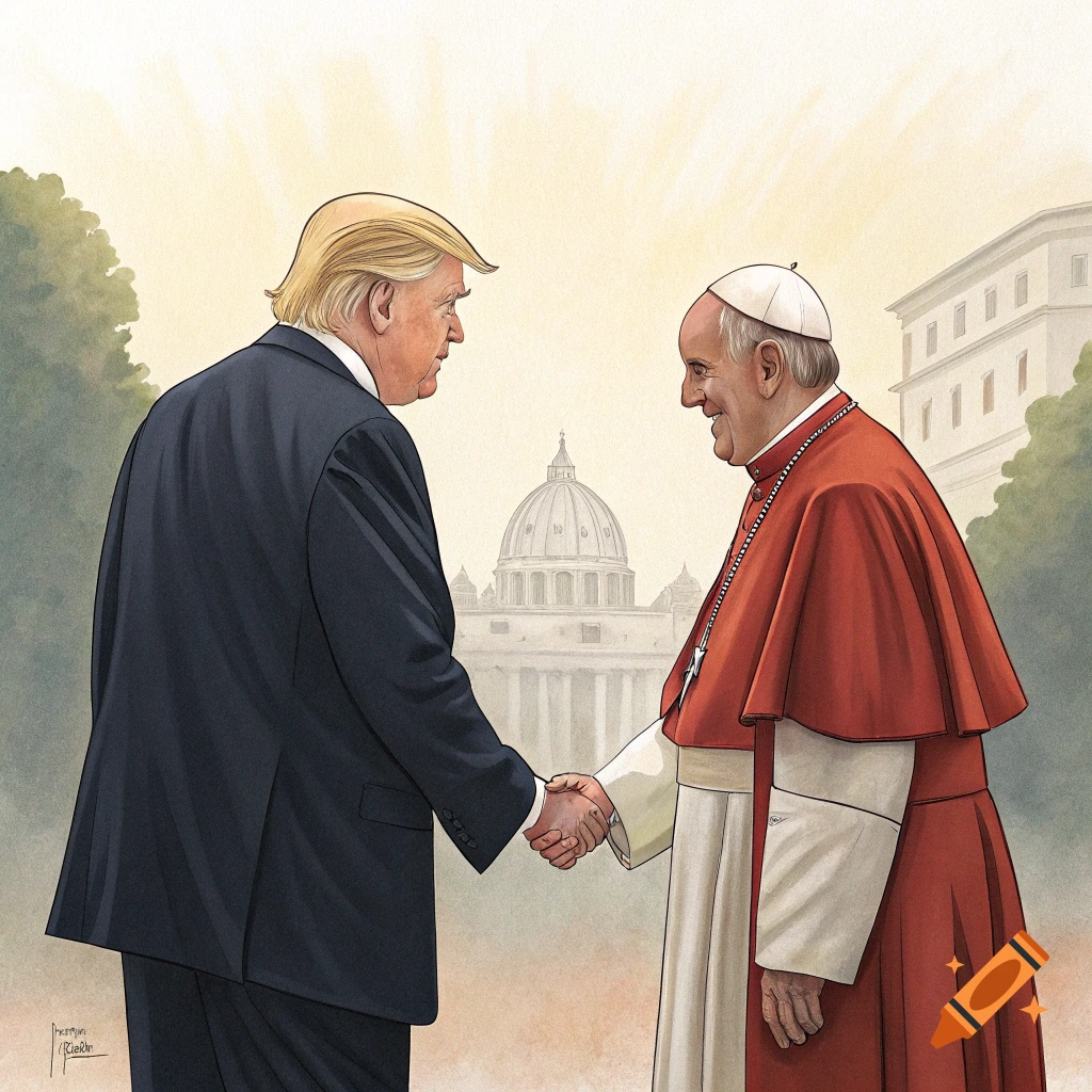 Illustration of Donald Trump shaking hands with the Pope outside a building resembling St. Peter's Basilica.