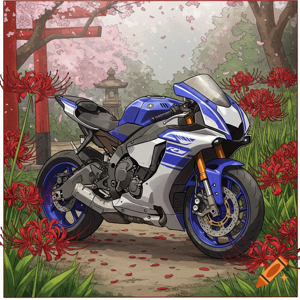 Yamaha R1 motorcycle drawing with red spider lilies, Japanese theme