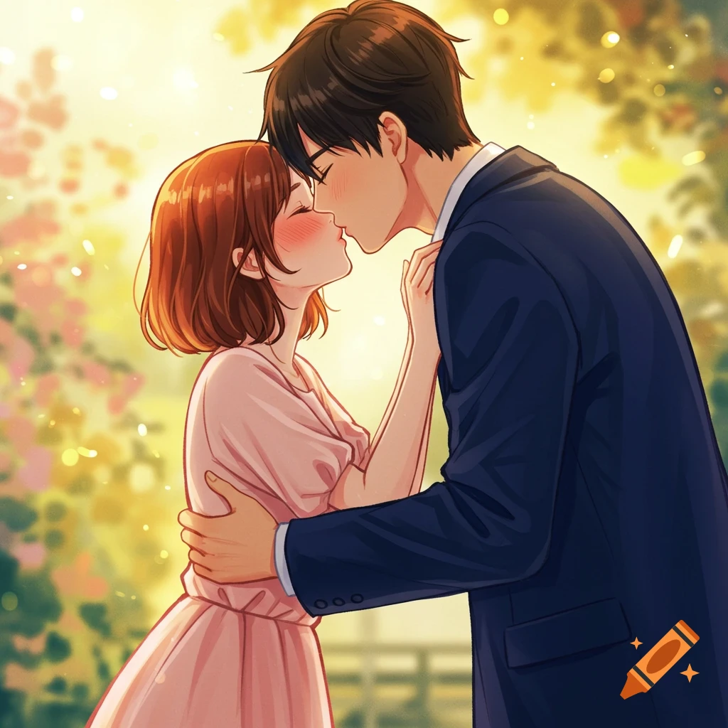 Anime illustration of a couple kissing in a sunlit outdoor setting.