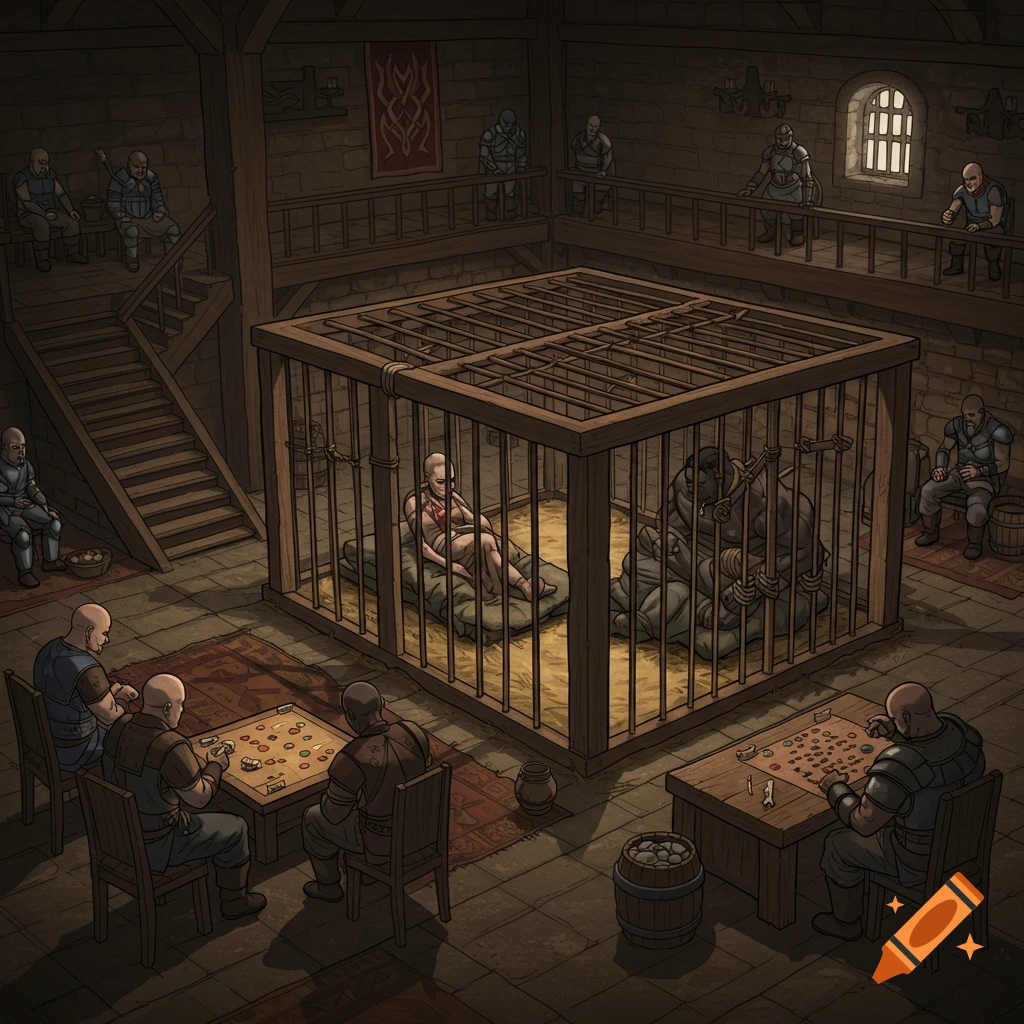 A medieval fantasy chamber with a large cage containing bound prisoners. Men play a game at tables nearby.