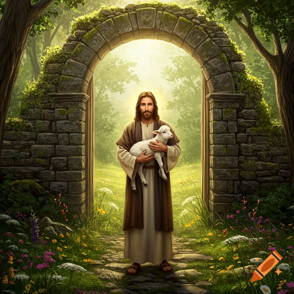 Jesus holding a lamb under a stone archway in a sunny, lush forest.