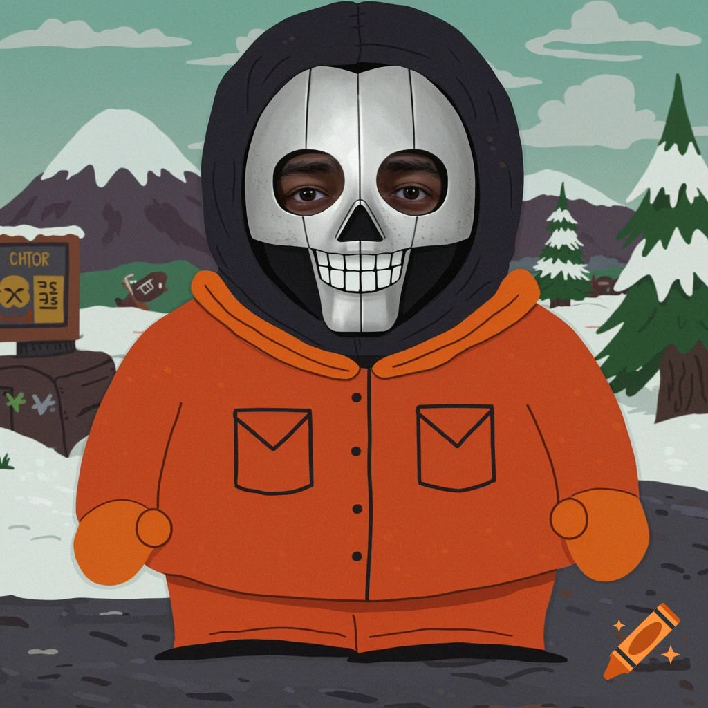 A South Park-style character wearing Cartman's orange coat and a silver skull mask in a snowy mountain setting.