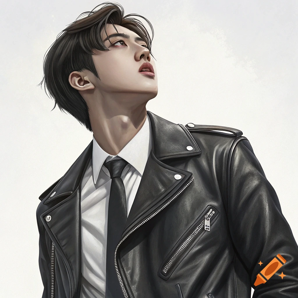Digital illustration of a man in a leather jacket, white shirt, and tie looking upwards.