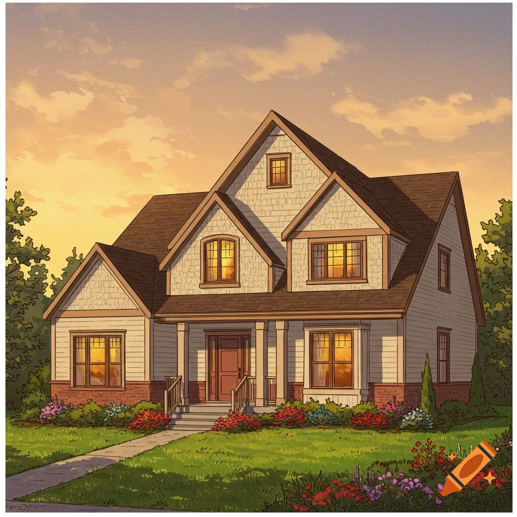 Illustration of a house with a porch, garden, and path at sunset.