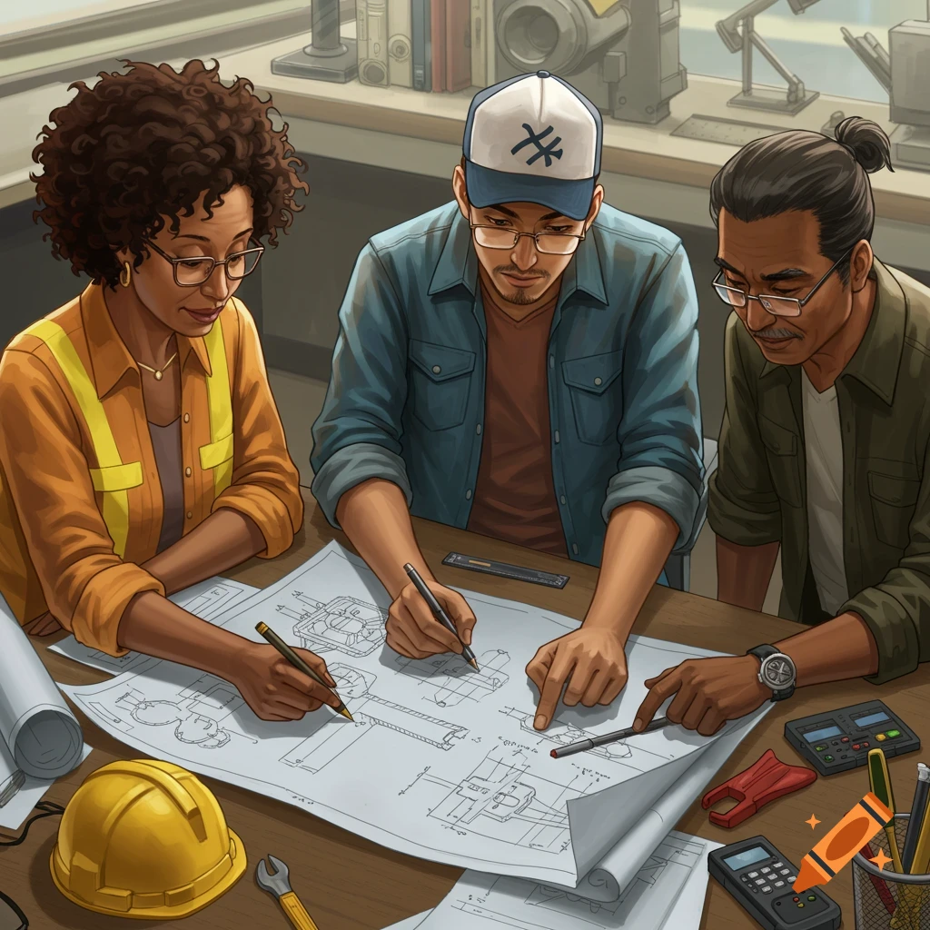 Three engineers examining blueprints together at a table.