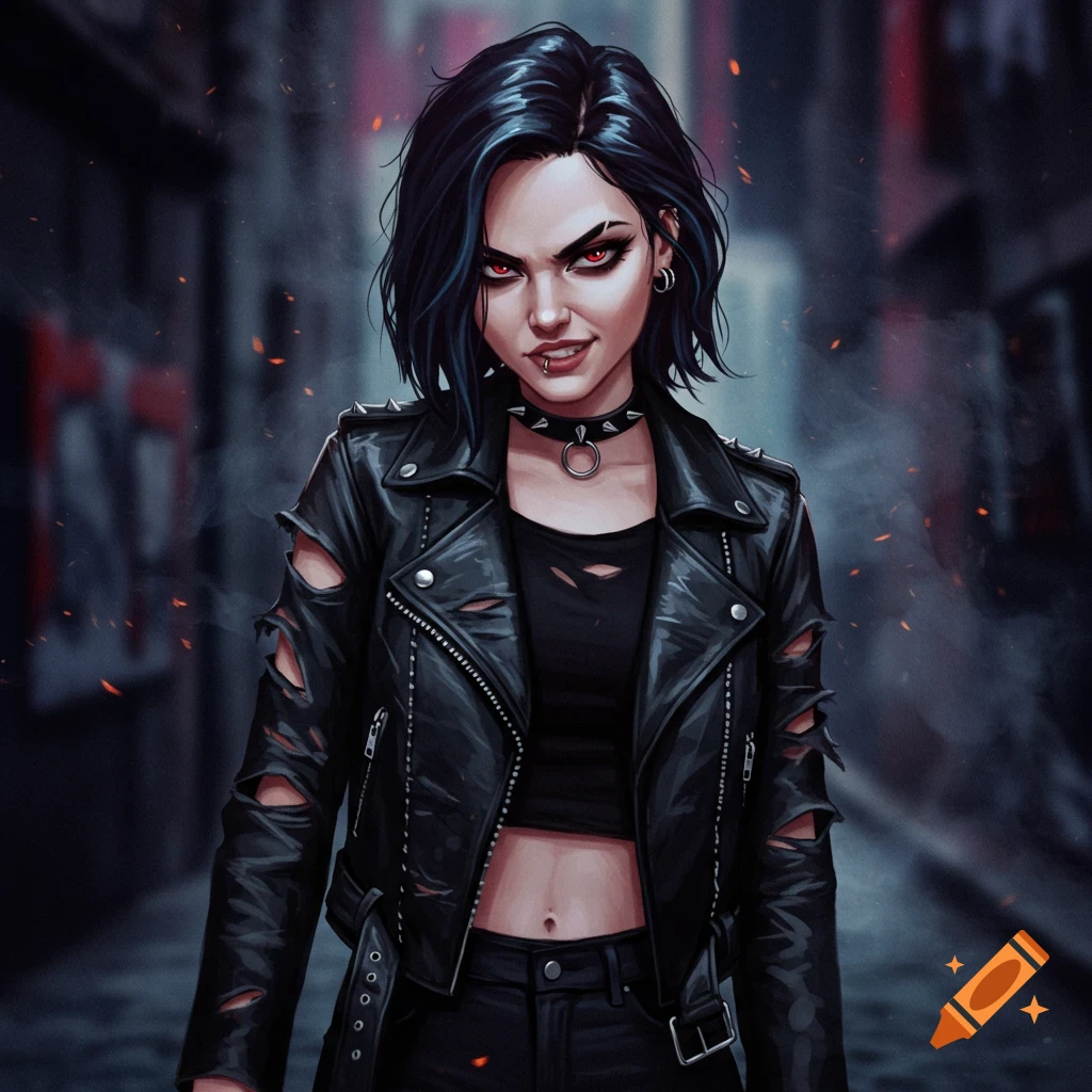 Illustration of a woman with red eyes and black torn leather jacket in a dark alley