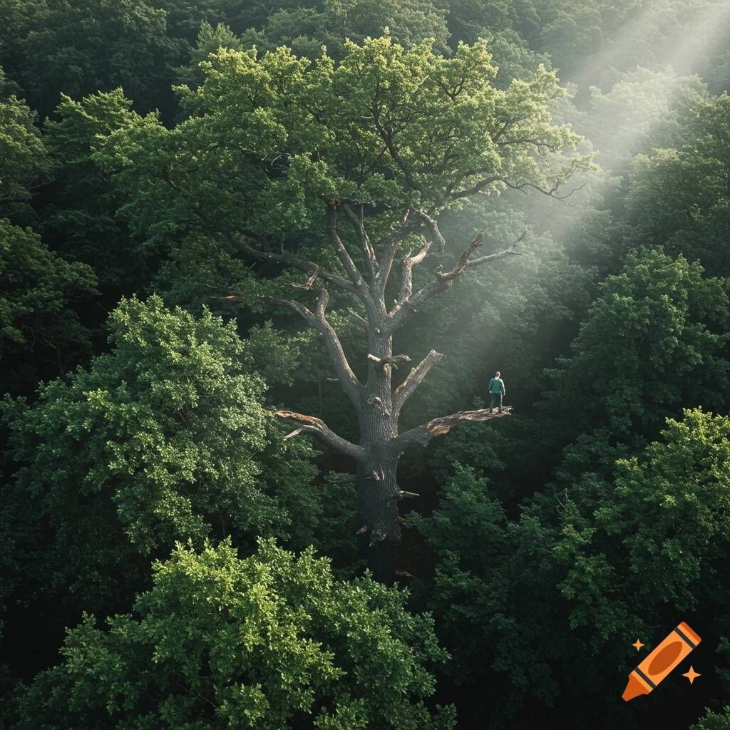 Aerial view of a man standing on a large tree branch in a dense forest with a sunbeam.