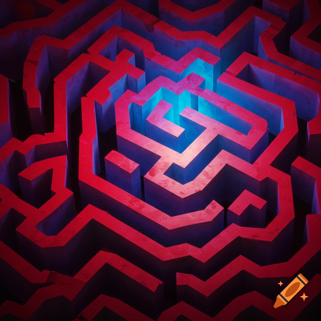 An abstract maze with red walls and a glowing blue center light.