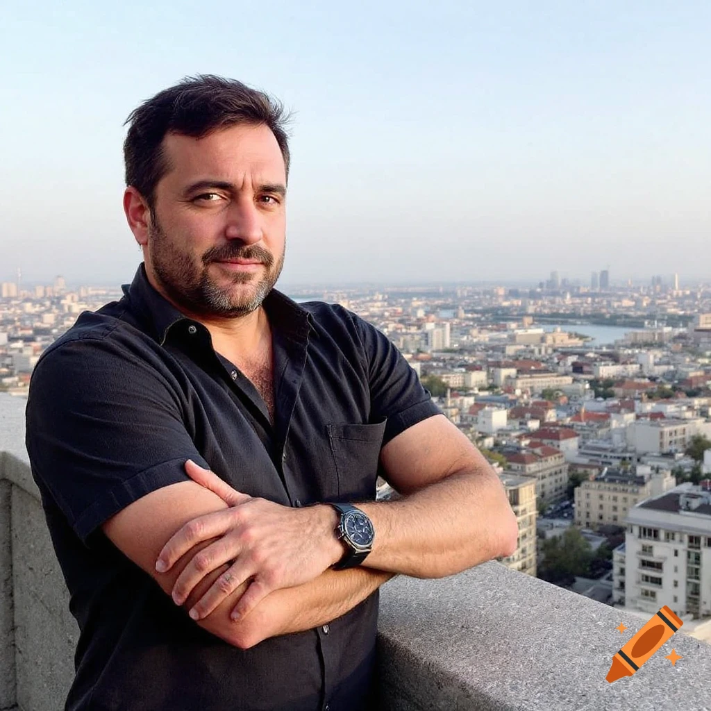 Man with crossed arms standing on a balcony overlooking a city.