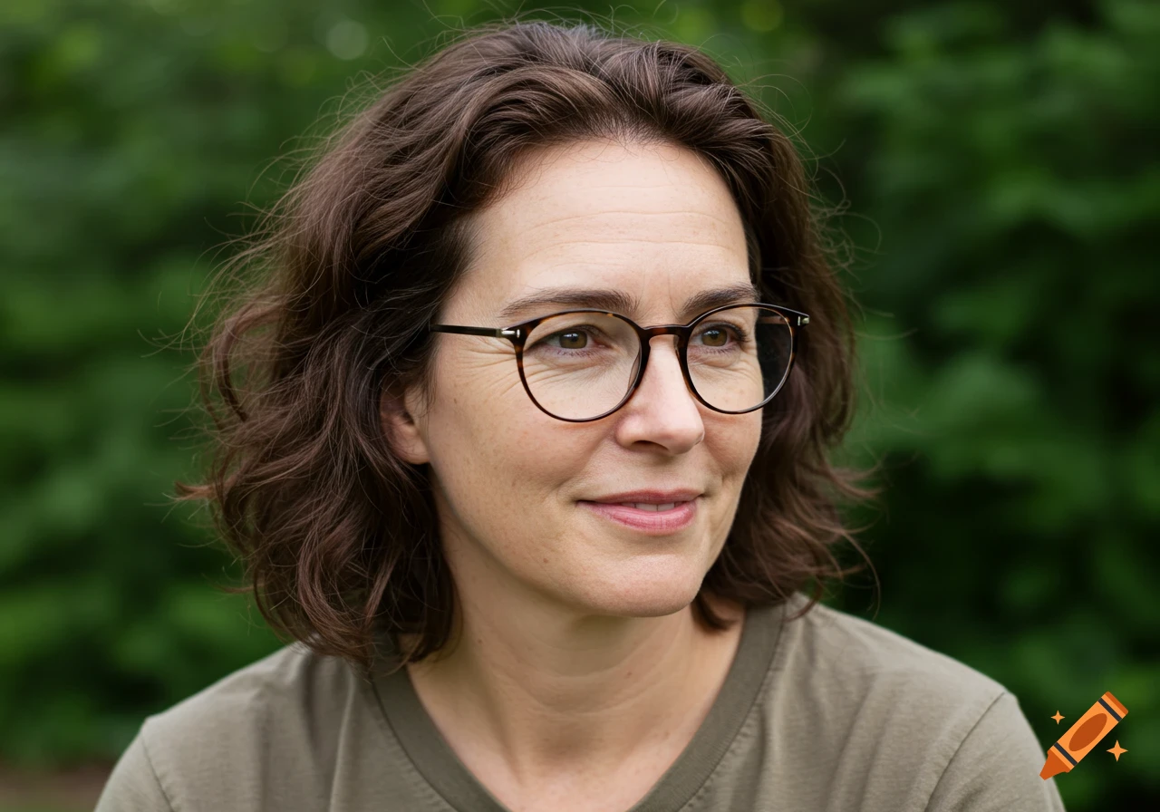 Close-up outdoor portrait of a woman with brown hair and glasses