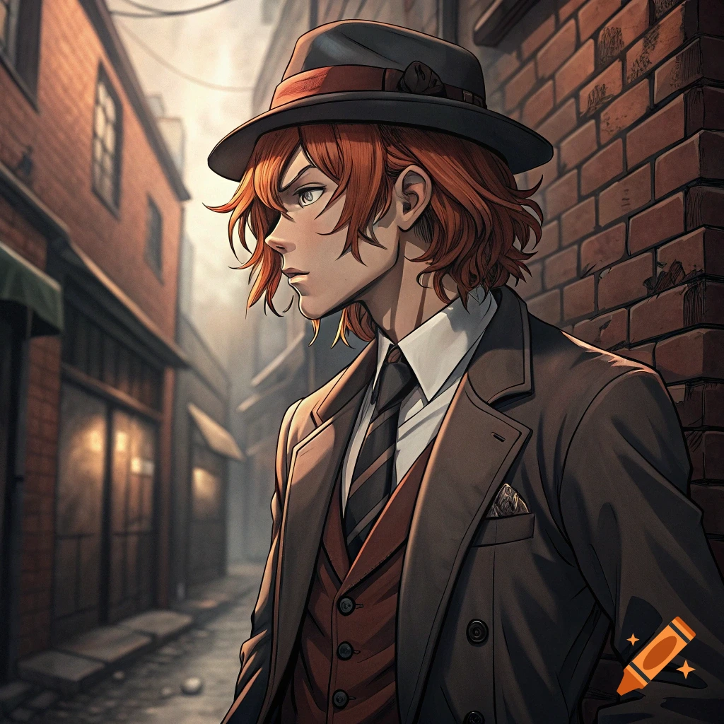 Anime style illustration of a man with orange hair in a suit and fedora standing in an alley.