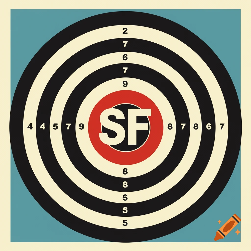 A graphic illustration of a bullseye target with SF in the center.