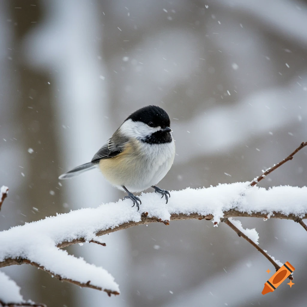 A black-capped chickadee sits on a snowy branch during snowfall.