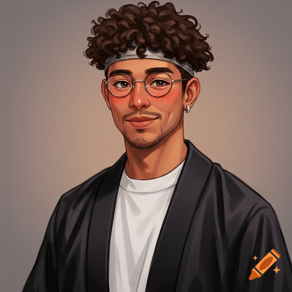 Digital illustration portrait of a man with curly hair, headband, glasses, white shirt, and black robe, smiling.
