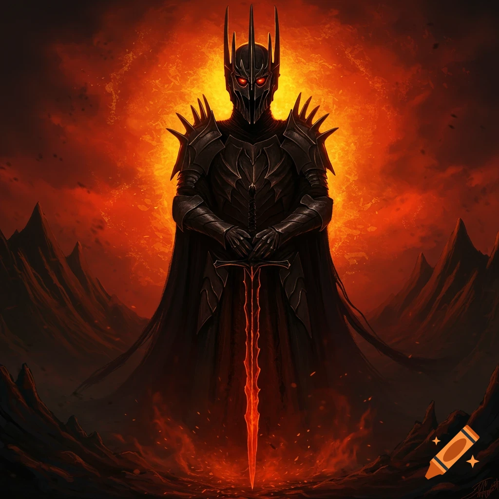 Dark fantasy figure in black armor with a fiery sword in a volcanic landscape