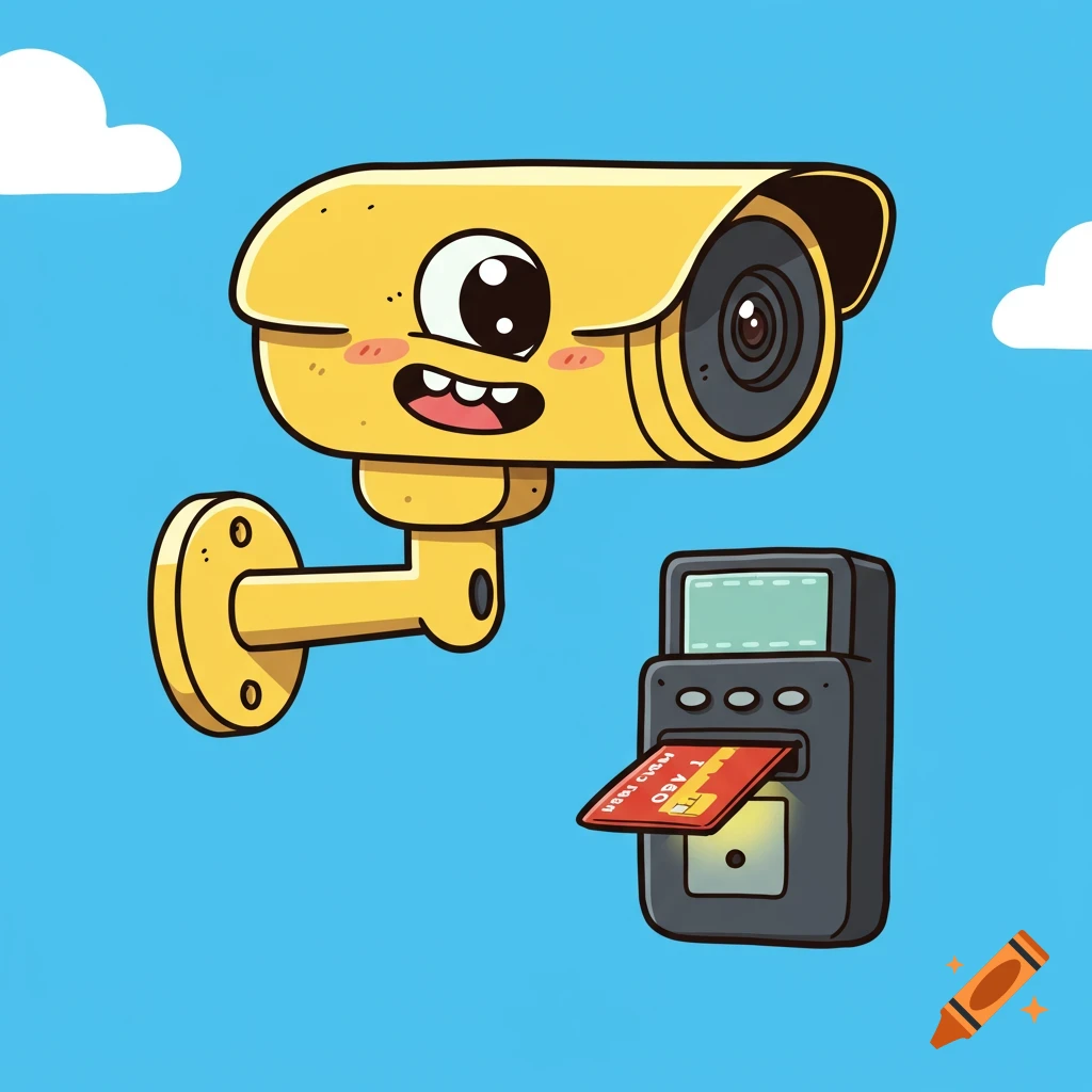 Cartoon security camera watches a credit card being inserted into a reader.