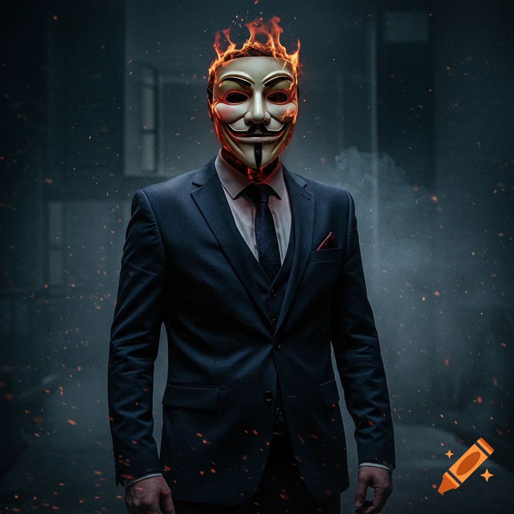 A man in a dark suit wears a Guy Fawkes mask with flames rising from the top of his head, standing in a dark, smoky setting.