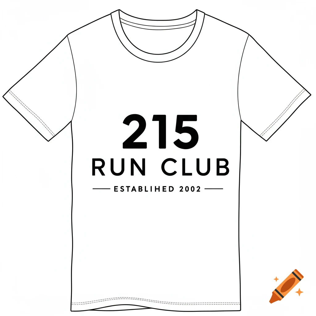 Line drawing of a t-shirt with '215 RUN CLUB ESTABLIHED 2002' design.