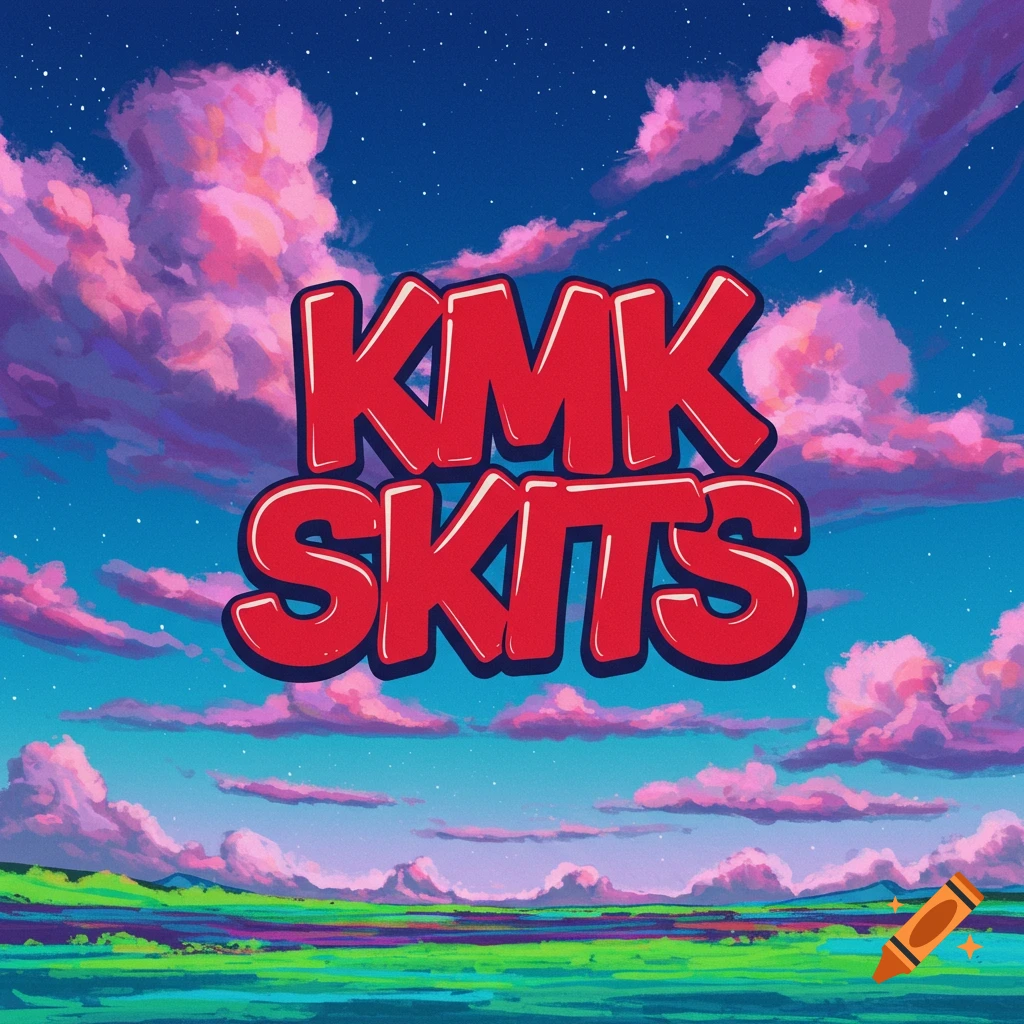 Red text "KMK SKITS" sits above a vibrant, stylized landscape with pink clouds, a starry blue sky, and a colorful green and purple field.