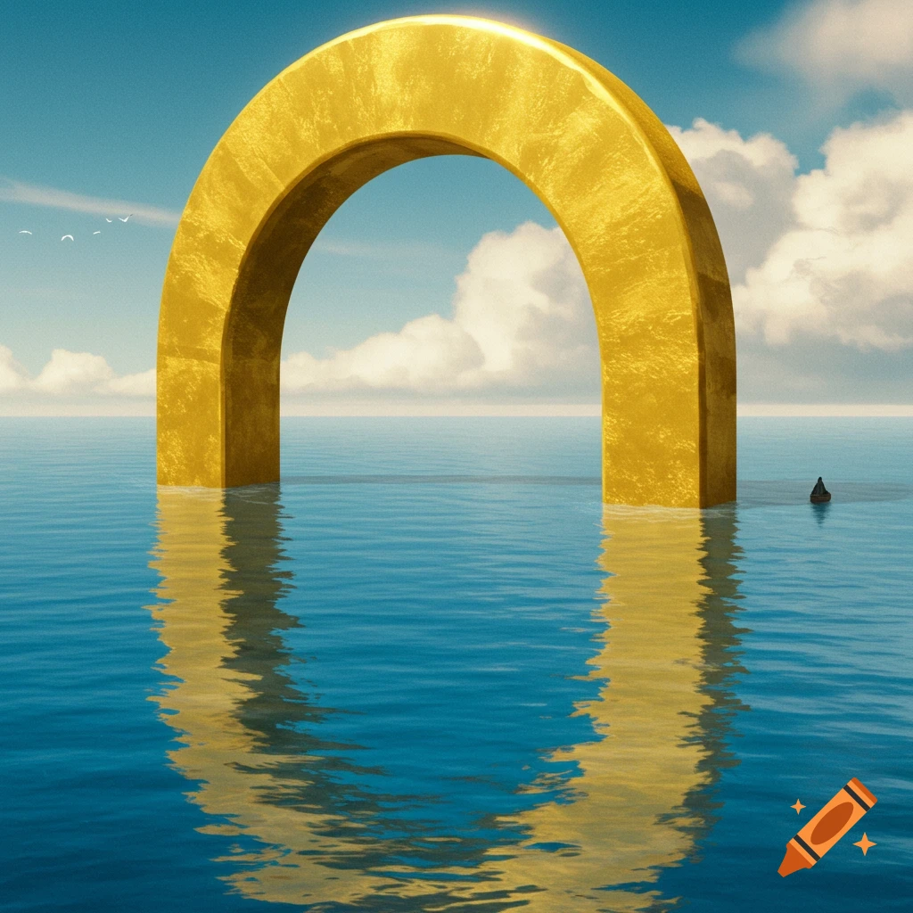 A large golden arch rises from the ocean under a cloudy sky with birds flying.