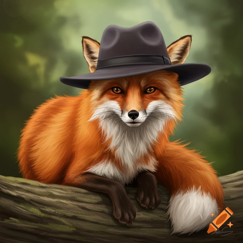 A digitally painted illustration of a red fox wearing a black fedora, sitting on a log in a forest.