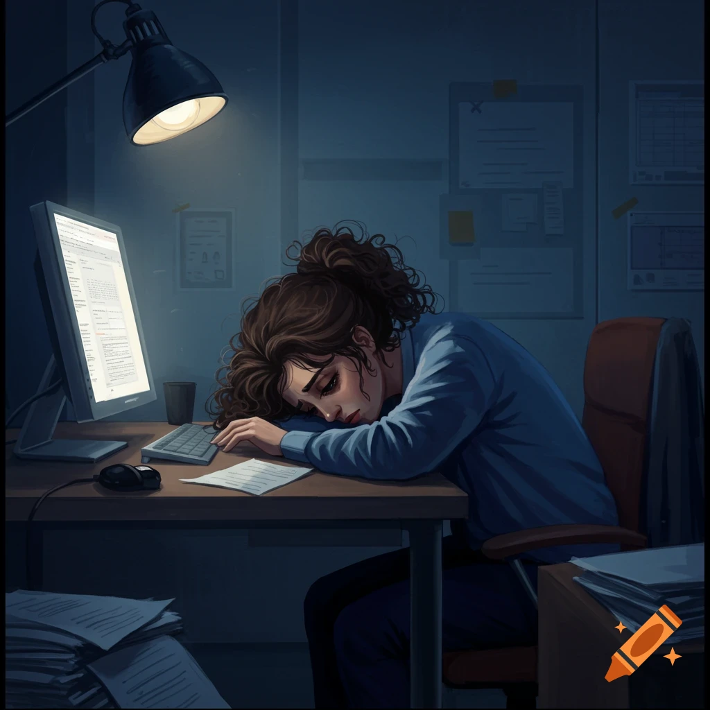 Illustration of a person asleep at a desk with a computer and papers under a desk lamp.