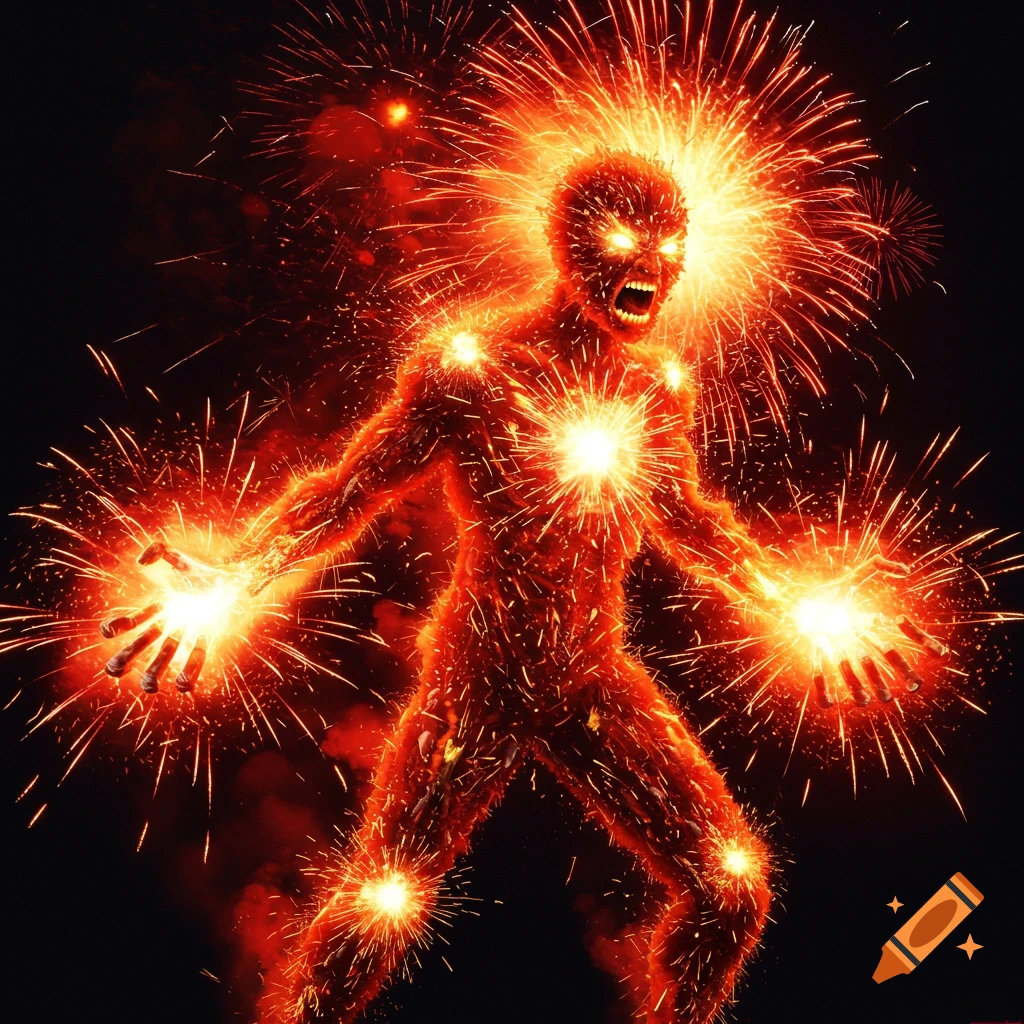 An angry human figure made of fireworks and fire stands against a black background.