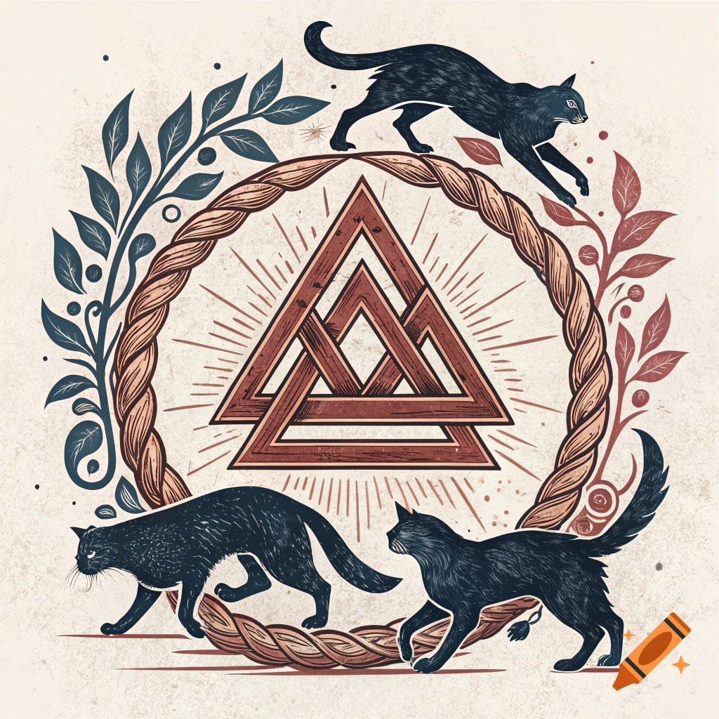 Three black cats circling a valknut symbol within a braided rope and leaves, in a traditional tattoo style.