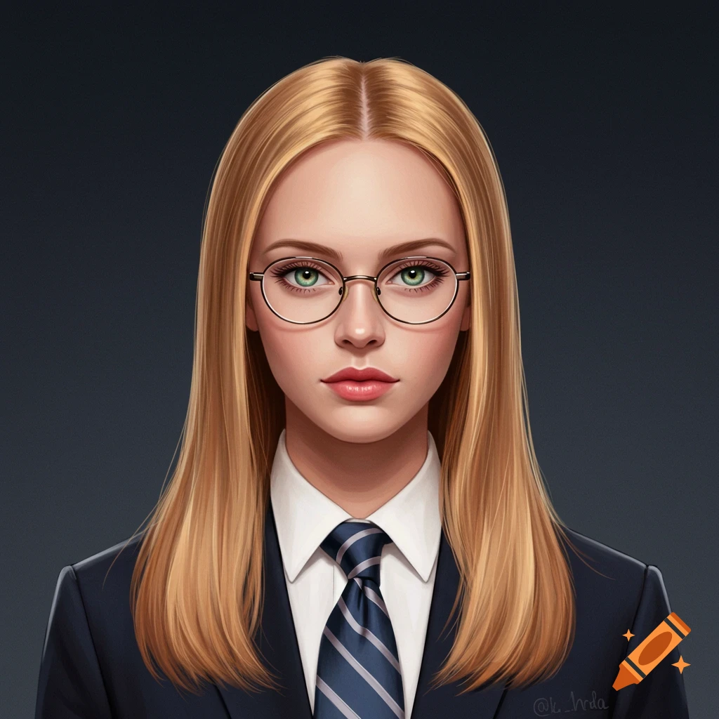 Woman with straight dark blonde hair hazel eyes and glasses in a