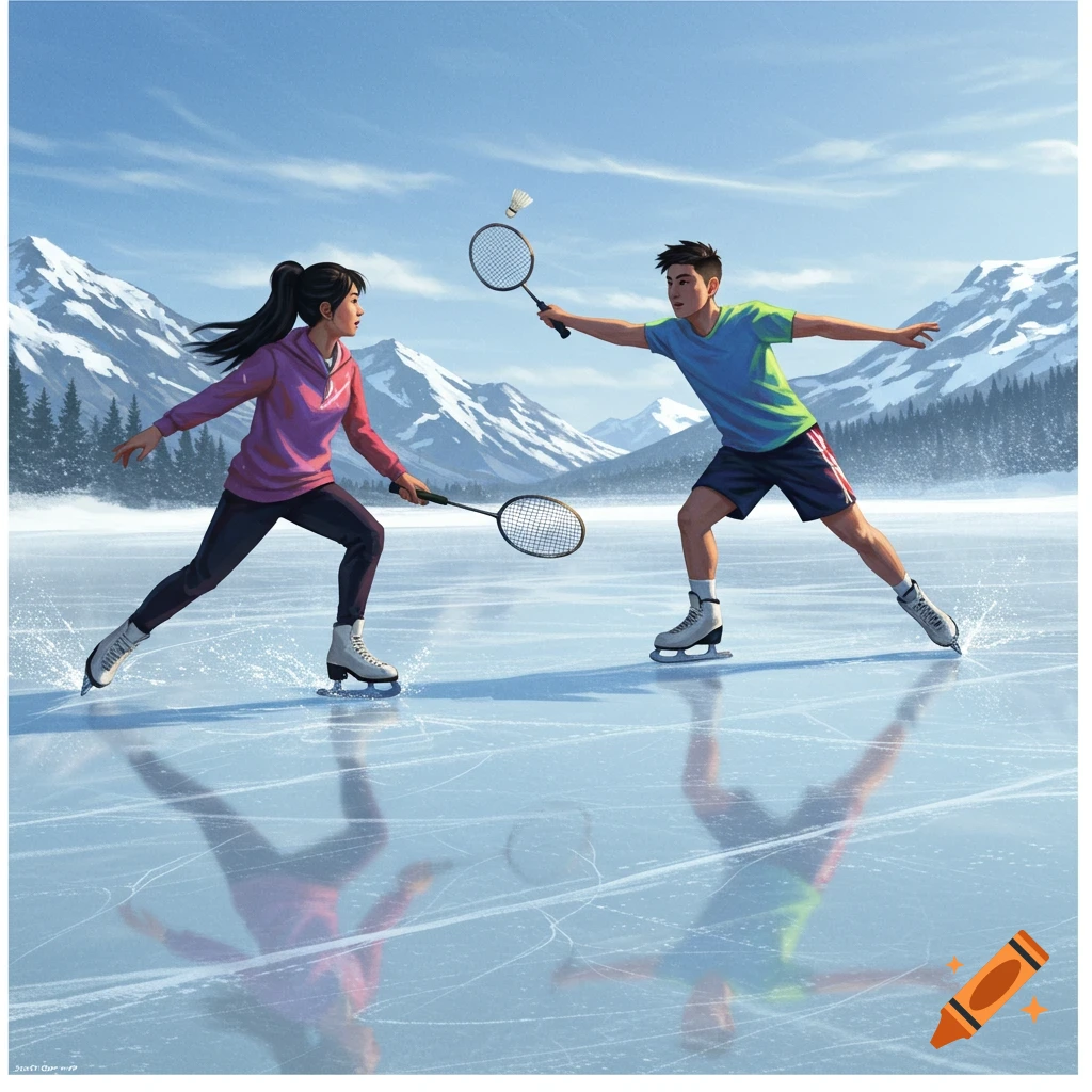 Two people playing badminton on ice skates