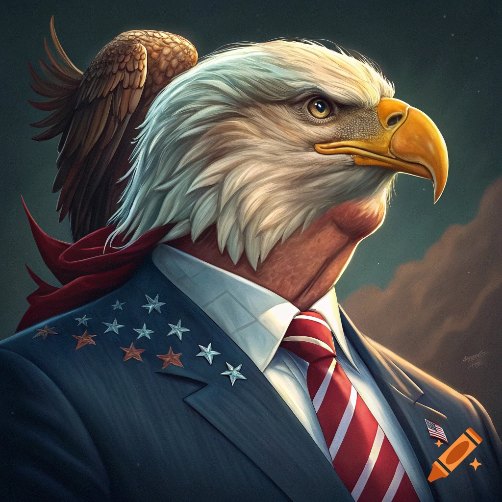 Portrait of an anthropomorphic bald eagle wearing a dark suit with stars and stripes tie and lapel pin.