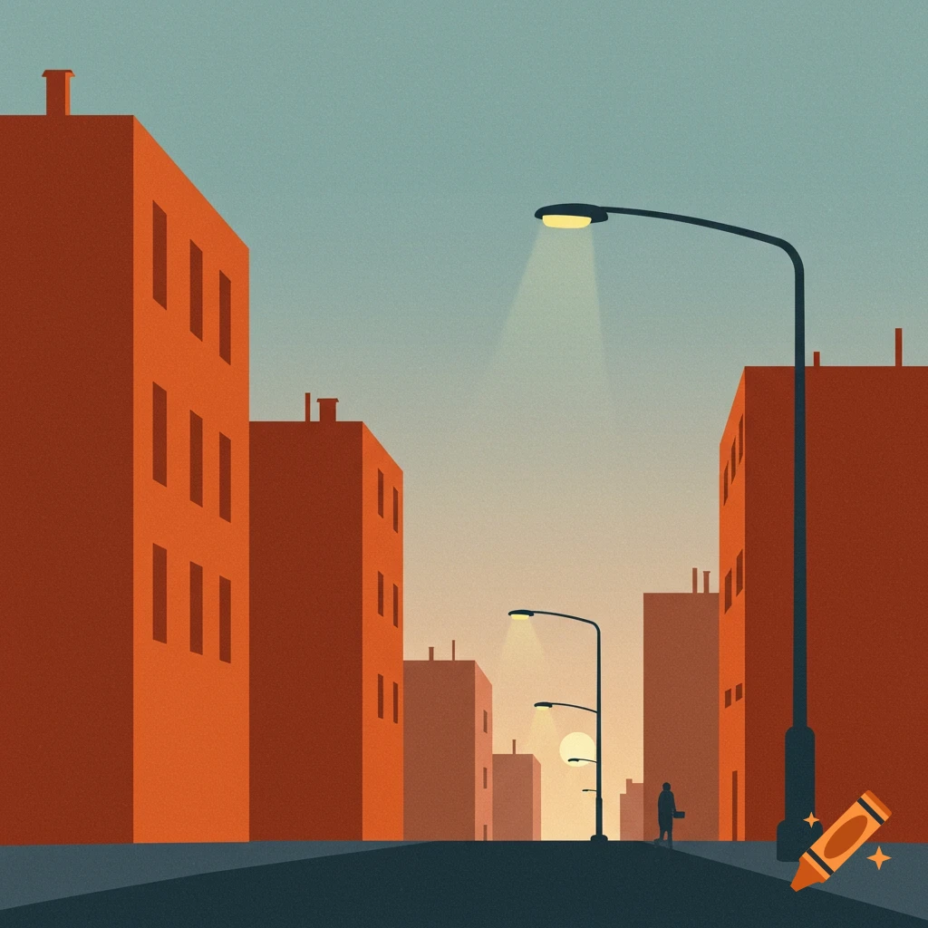 Minimalistic illustration of an orange cityscape at sunset with streetlights and a silhouette of a person walking.