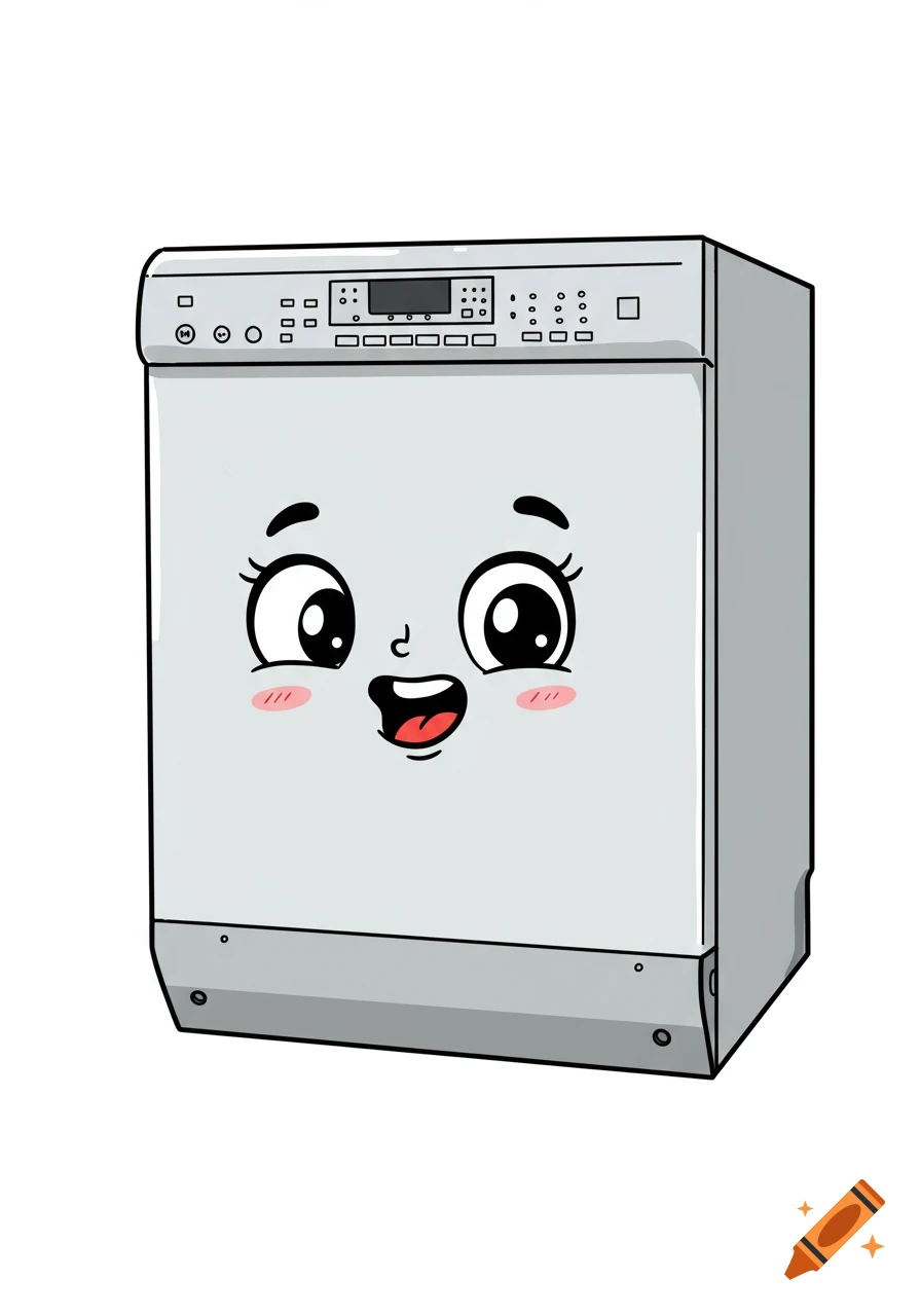 A cartoon dishwasher with a face is shown on a white background.