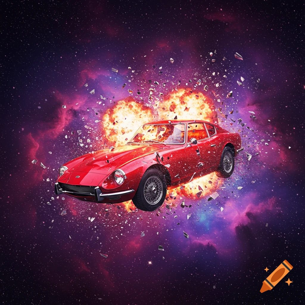 Red sports car exploding in a heart-shaped blast in space with debris.