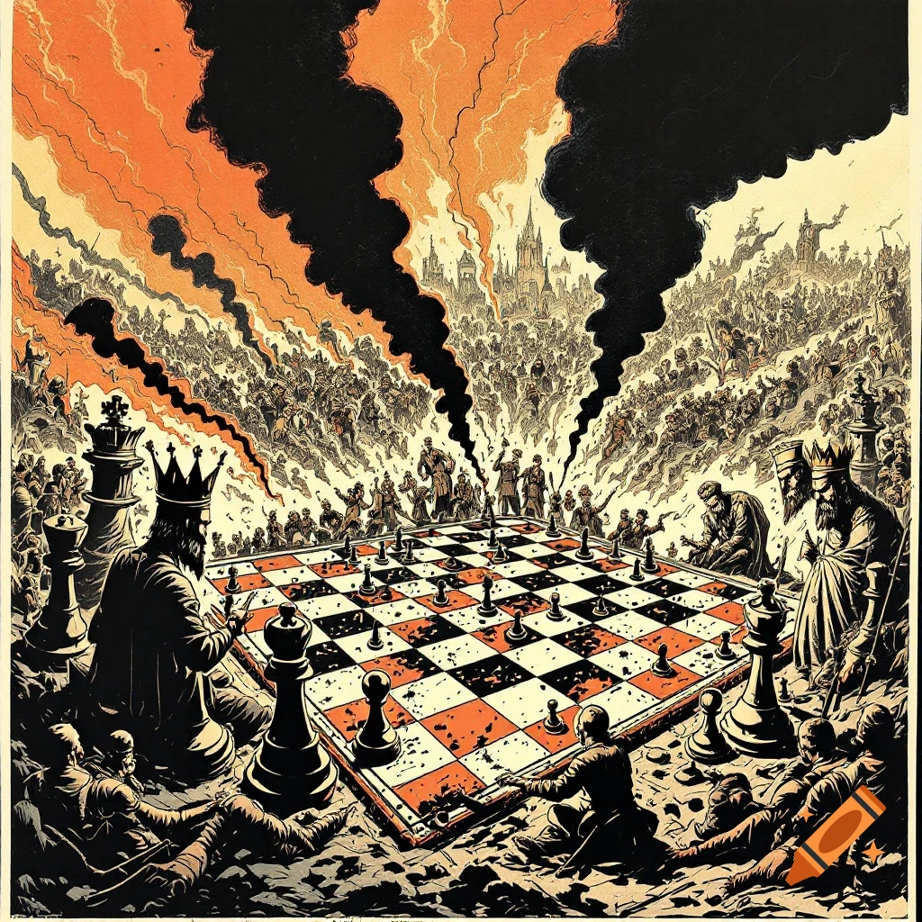 A political cartoon showing a giant chess game on a battlefield with king and pawn figures surrounded by a crowd under smoky skies.